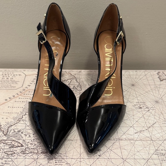 Calvin Klein Shoes - Calvin Klein Black Patent Pointed-Toe Ankle-Strap Pumps